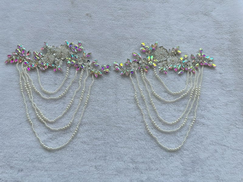 wtbvn 1 Pair Beaded Rhinestones Applique Embellishment for Clothes Epaulettes Shoulder Patches Sew-on Diamond Sequin Tassels Applique for Wedding Dress DIY Accessories 9.8X10.2inches (Clear AB) - Image 3